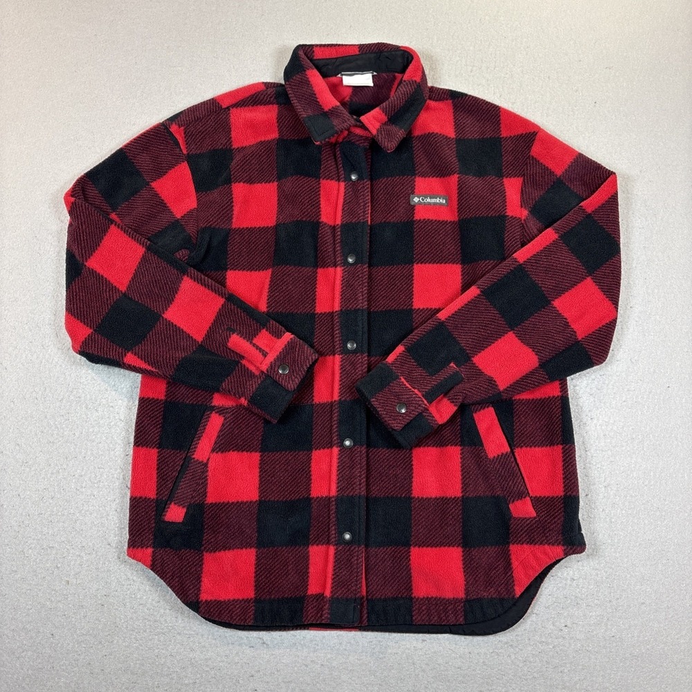 Columbia Buffalo Plaid Fleece Jacket Red Black Button Up Shacket Women's L